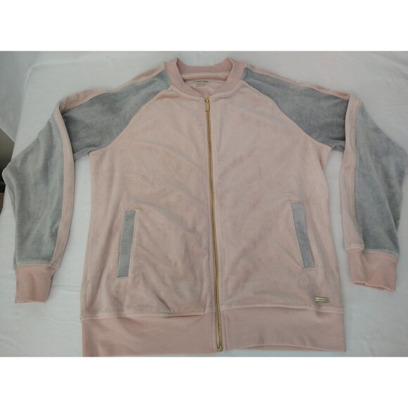 Calvin Klein Full-Zip Velour Hooded Track Jacket *Flaw Pink/Gray Size M Soft! - Picture 12 of 15